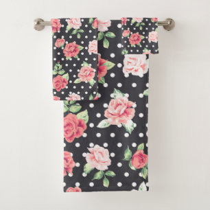 Floral Pattern White Polka Dot on Black Background Bath Towel Set