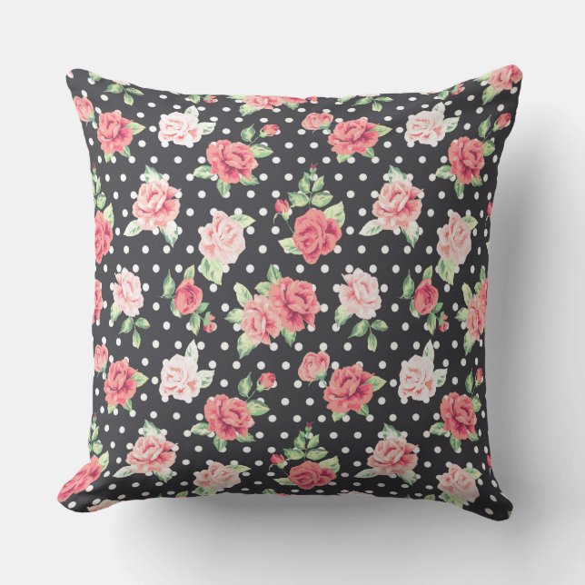 Floral Pattern White Polka Dot on Black Background Cushion (Front)