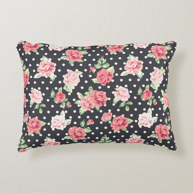 Floral Pattern White Polka Dot on Black Background Decorative Cushion (Front)