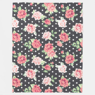 Floral Pattern White Polka Dot on Black Background Fleece Blanket