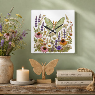 Floral Pattern Wildflower Botanical Luna Moth Square Wall Clock