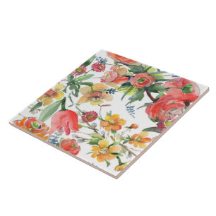 Floral Pattern Wildflowers Yellow Pink Green White Tile