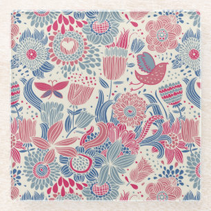 Floral pattern with bird and butterfly glass coaster