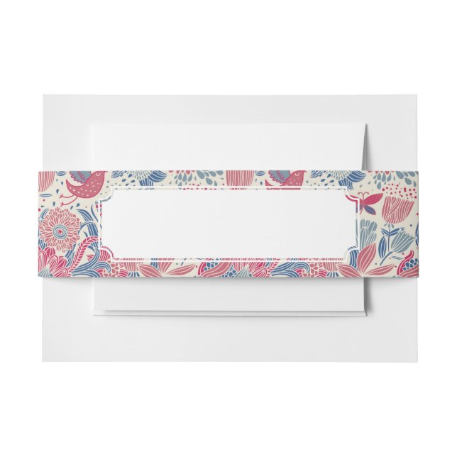 Floral pattern with bird and butterfly invitation belly band (Front Example)