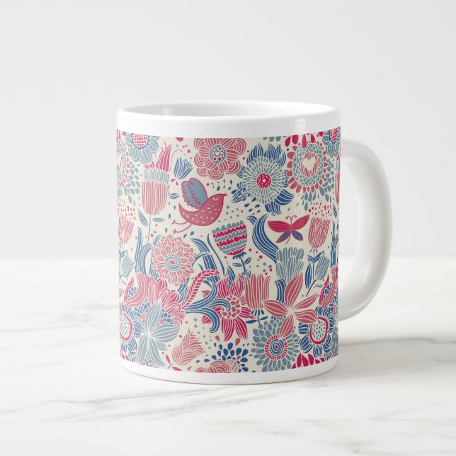 Floral pattern with bird and butterfly large coffee mug (Front Right)