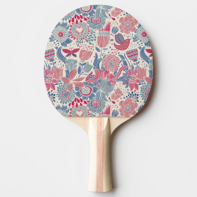 Floral pattern with bird and butterfly ping pong paddle (Front)