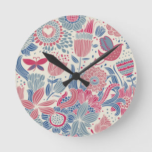 Floral pattern with bird and butterfly round clock