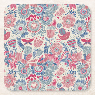 Floral pattern with bird and butterfly square paper coaster