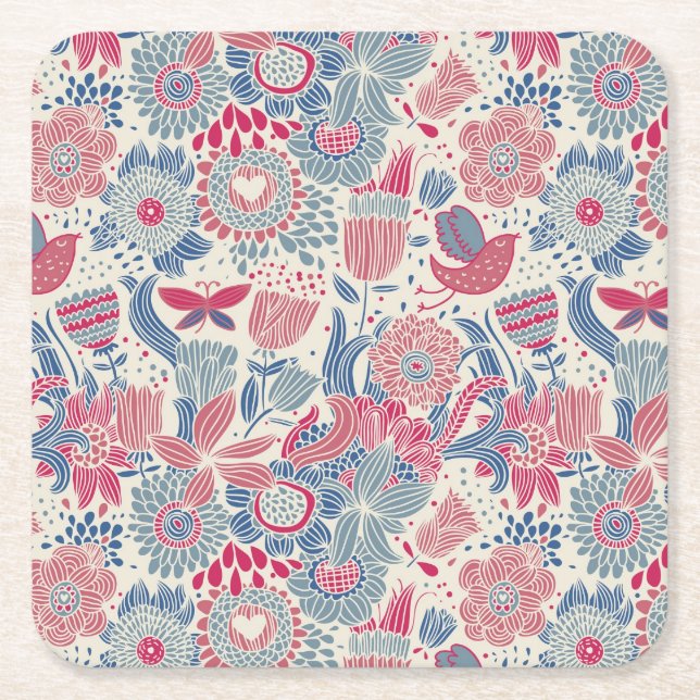 Floral pattern with bird and butterfly square paper coaster (Front)