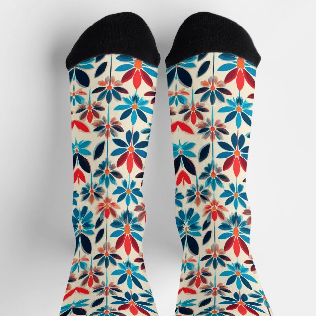 Floral Pattern with Blue Abstract Design Socks (Top)