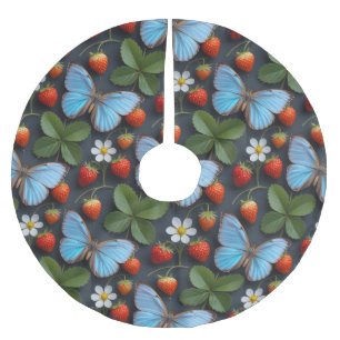 Floral Pattern with Blue Morpho Butterflies Brushed Polyester Tree Skirt