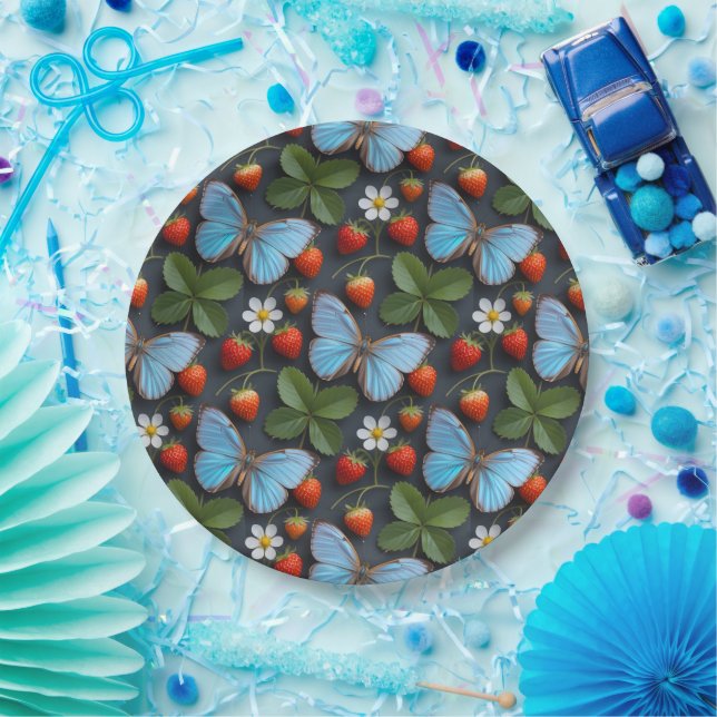 Floral Pattern with Blue Morpho Butterflies Paper Plate (Party)