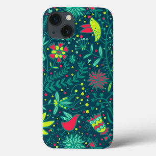 Floral pattern with cartoon birds 2 iPhone 13 case