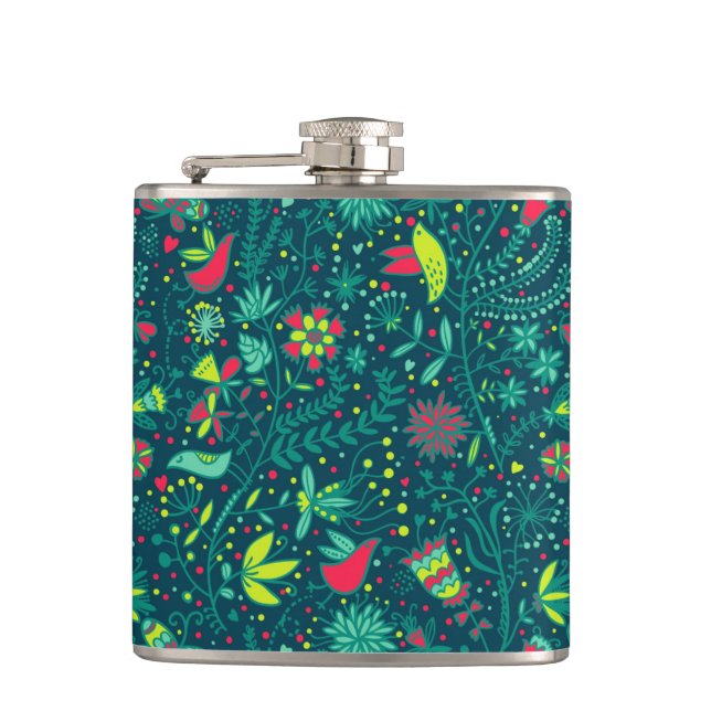 Floral pattern with cartoon birds 2 hip flask (Front)