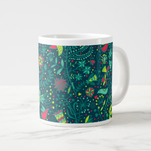 Floral pattern with cartoon birds 2 large coffee mug