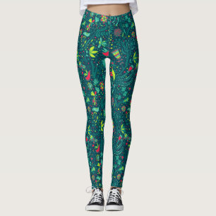 Floral pattern with cartoon birds 2 leggings