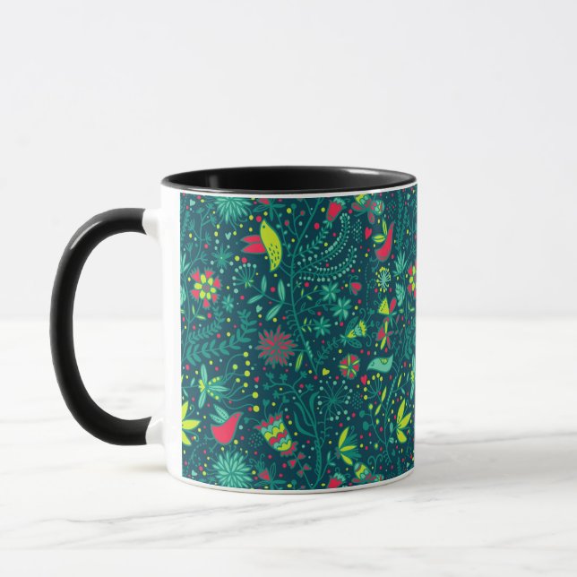 Floral pattern with cartoon birds 2 mug (Left)
