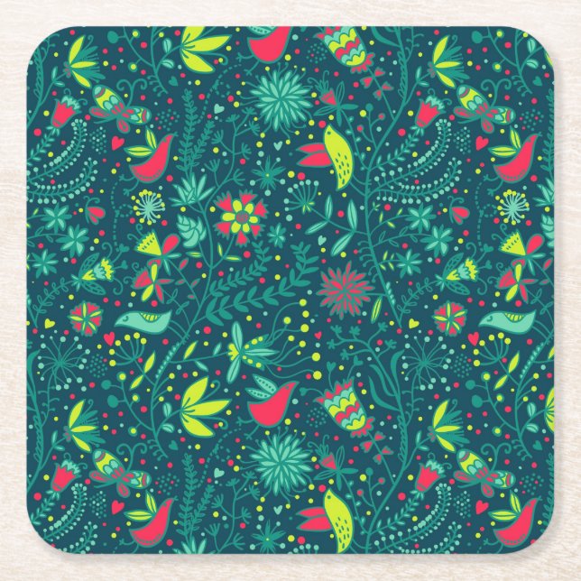 Floral pattern with cartoon birds 2 square paper coaster (Front)