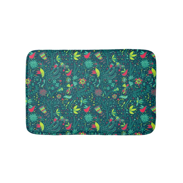 Floral pattern with cartoon birds bath mat (Front)