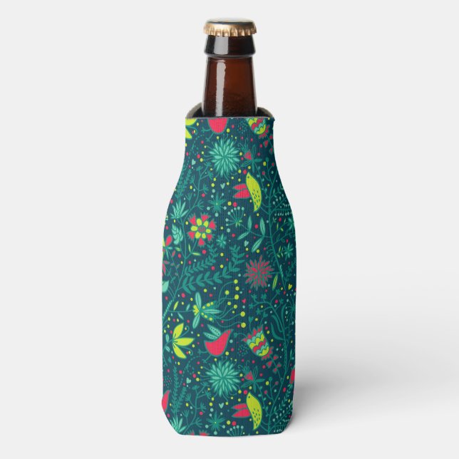 Floral pattern with cartoon birds bottle cooler (Bottle Front)