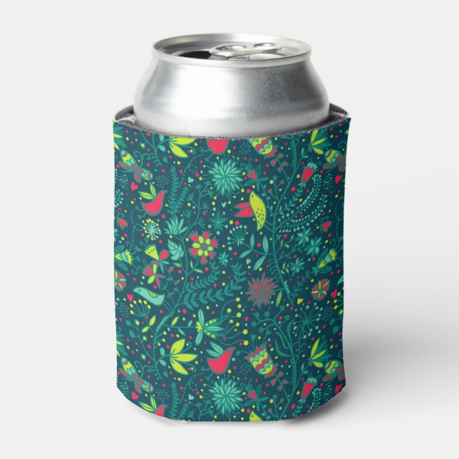 Floral pattern with cartoon birds can cooler (Can Front)