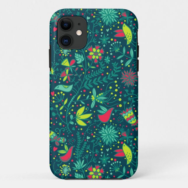 Floral pattern with cartoon birds Case-Mate iPhone case (Back)