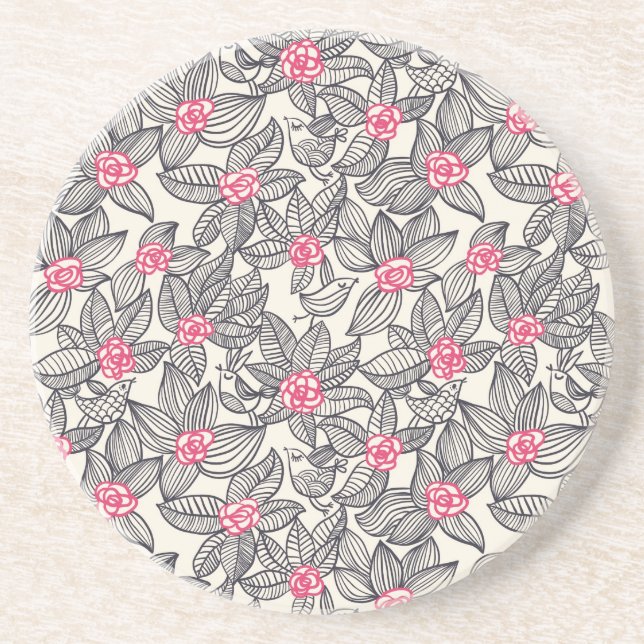 Floral pattern with cartoon birds coaster (Front)