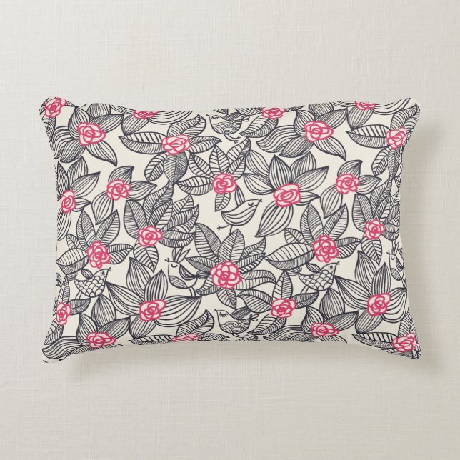 Floral pattern with cartoon birds decorative cushion (Front)