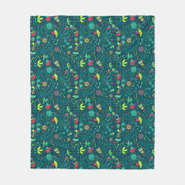 Floral pattern with cartoon birds fleece blanket (Front)