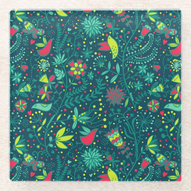 Floral pattern with cartoon birds glass coaster (Front)