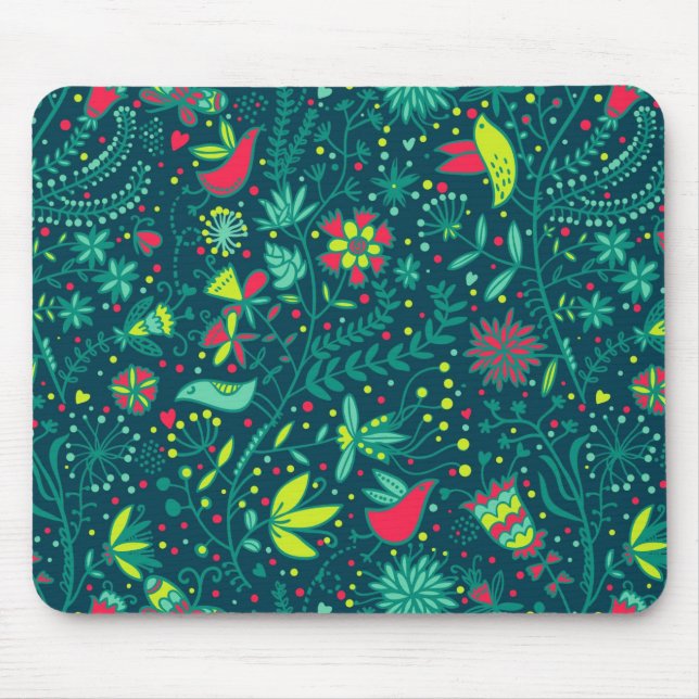 Floral pattern with cartoon birds mouse mat (Front)