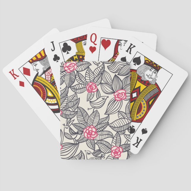 Floral pattern with cartoon birds playing cards (Back)