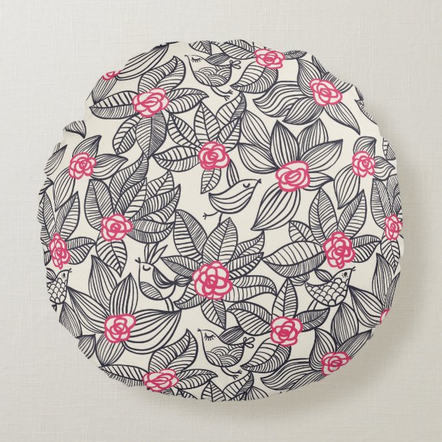 Floral pattern with cartoon birds round cushion (Front)