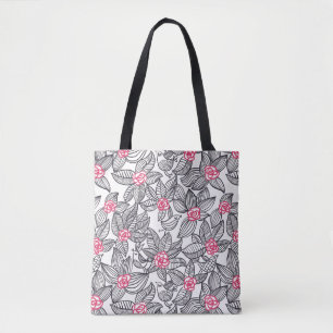 Floral pattern with cartoon birds tote bag