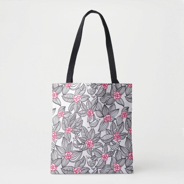 Floral pattern with cartoon birds tote bag (Front)