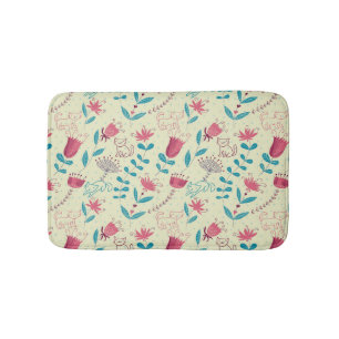 Floral pattern with cartoon cats bath mat
