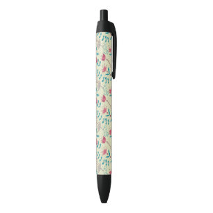 Floral pattern with cartoon cats black ink pen