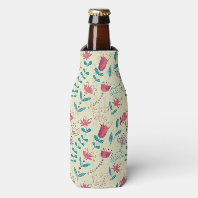 Floral pattern with cartoon cats bottle cooler (Bottle Front)