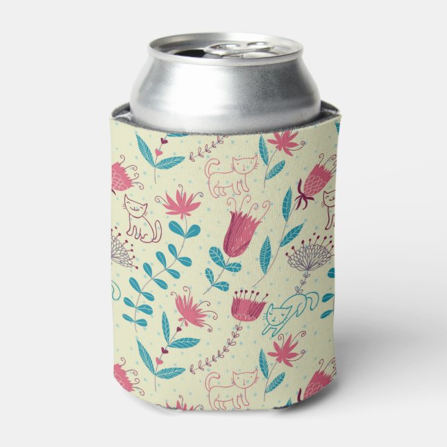 Floral pattern with cartoon cats can cooler (Can Front)