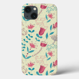 Floral pattern with cartoon cats iPhone 13 case