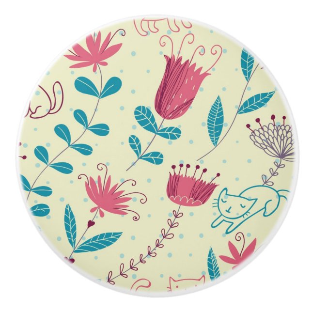 Floral pattern with cartoon cats ceramic knob (Front)