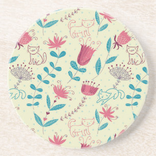 Floral pattern with cartoon cats coaster