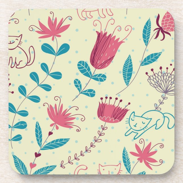 Floral pattern with cartoon cats coaster (Front)