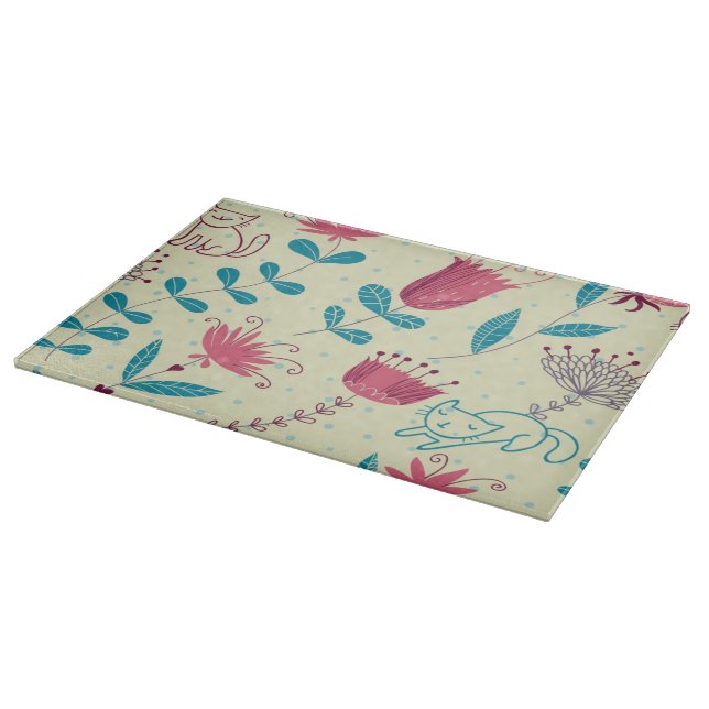 Floral pattern with cartoon cats cutting board (Corner)