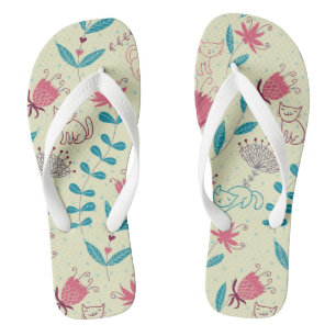 Floral pattern with cartoon cats flip flops