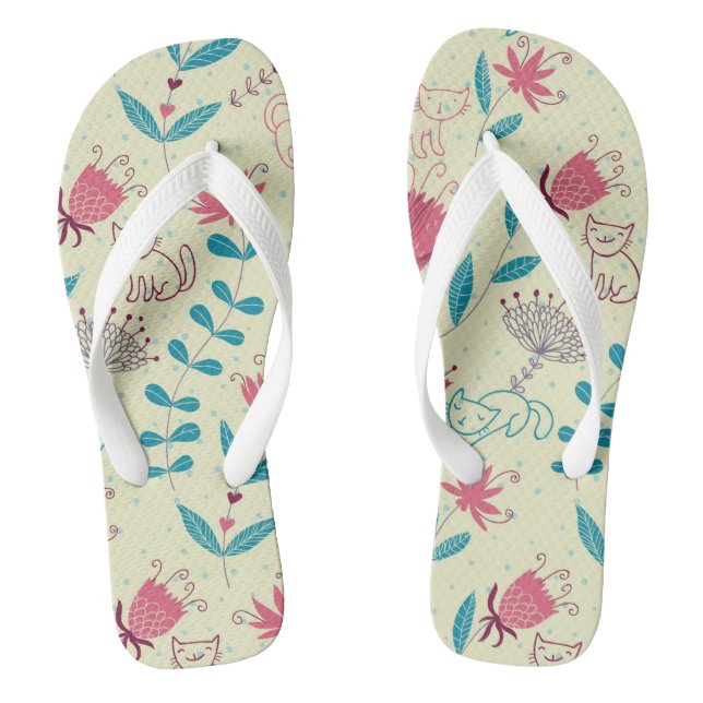 Floral pattern with cartoon cats flip flops (Footbed)