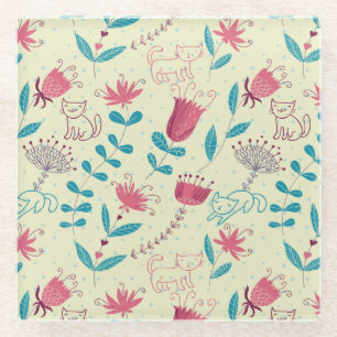 Floral pattern with cartoon cats glass coaster