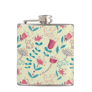 Floral pattern with cartoon cats hip flask