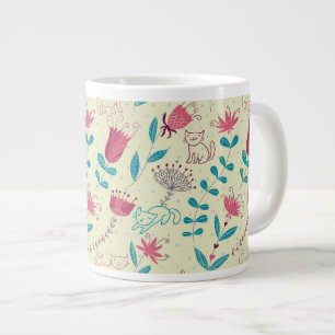 Floral pattern with cartoon cats large coffee mug