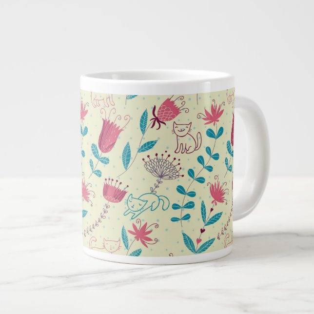 Floral pattern with cartoon cats large coffee mug (Front Right)